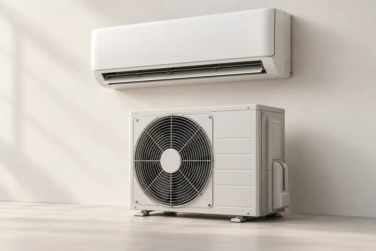 Illustrazione di un climatizzatore split con unità interna a parete e unità esterna.