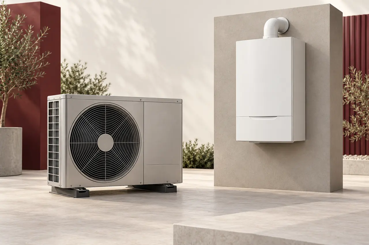 Illustrazione di una pompa di calore e di una caldaia murale, presentate come soluzioni distinte.