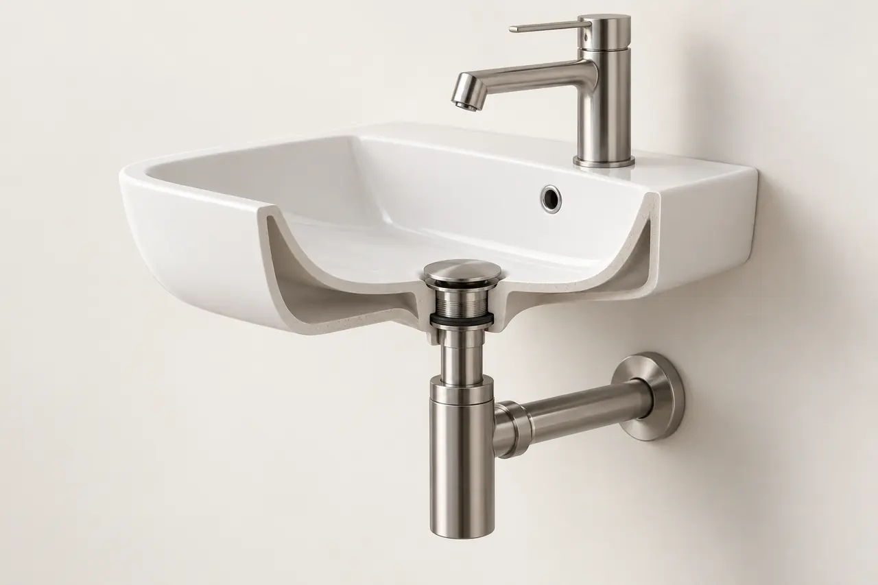 Illustrazione di un lavabo in sezione con rubinetto e sifone a bottiglia.