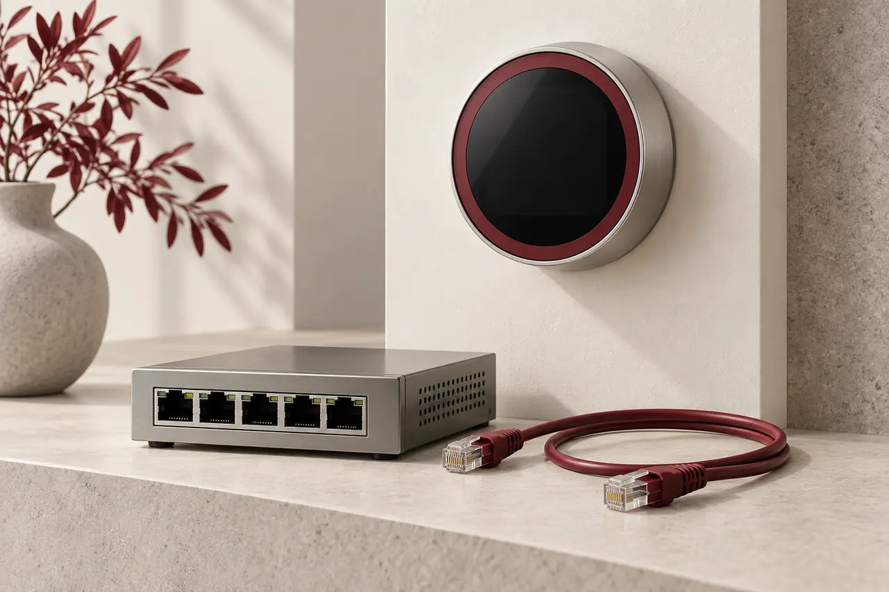 Illustrazione di un termostato smart, uno switch di rete e un cavo Ethernet.